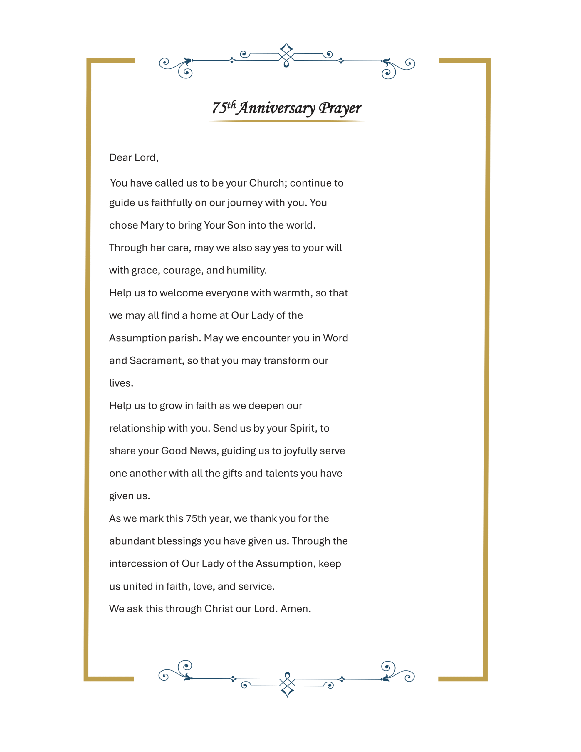75th Anniversary Prayer – Our Lady of the Assumption Parish